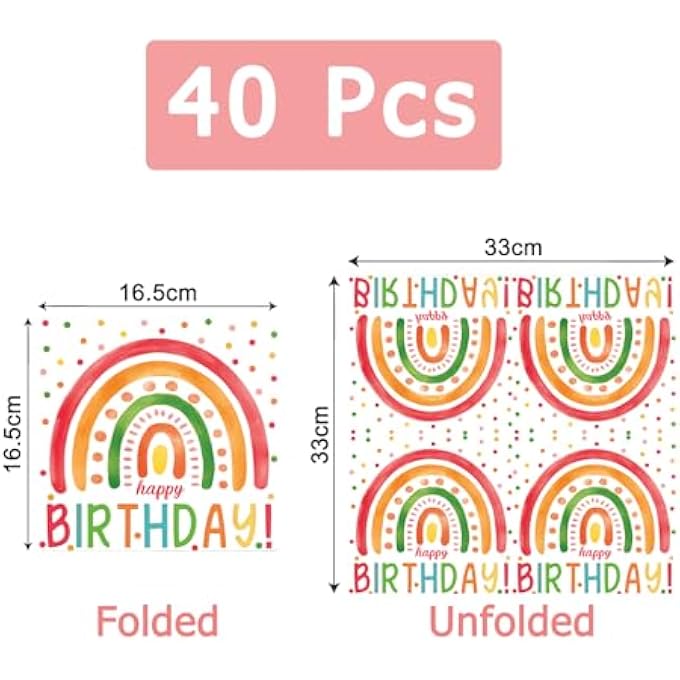 PACK OF 40 RAINBOW NAPKINS, RAINBOW DECORATION CHILDREN'S BIRTHDAY, NAPKINS, CHILDREN'S BIRTHDAY, HAPPY BIRTHDAY NAPKINS, BIRTHDAY FOR CHILDREN'S BIRTHDAY, CELEBRATIONS, 33 X 33 CM - Image 2